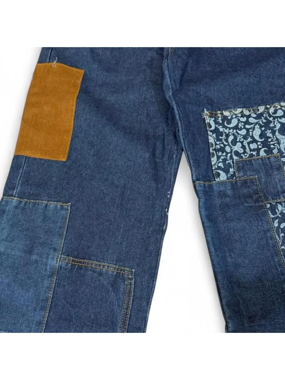 patchwork denim jean with paisley print and corduroy patches - Picture 3 of 6